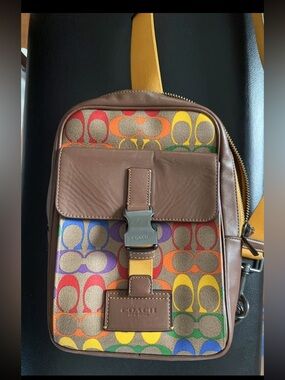 Coach Men’s Brown Leather & Multicolor Signature Canvas Belt Crossbody Bag